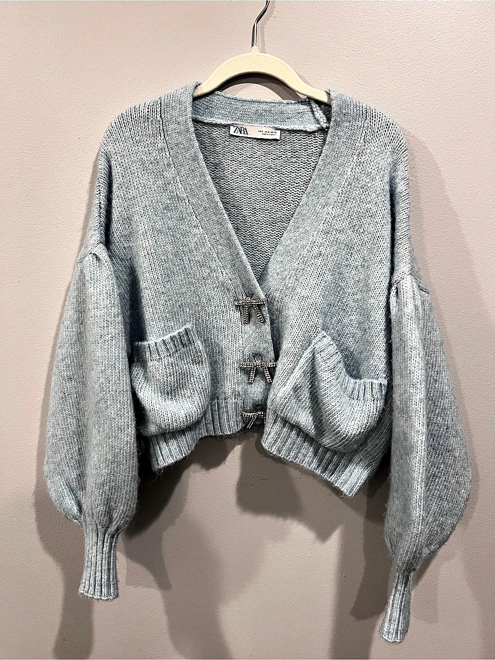 Zara Jewel Bow Cardigan Sweater Blue Size Small